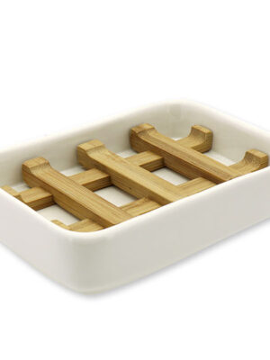 Seifenschale Porzellan mit Bambusholz Einsatz