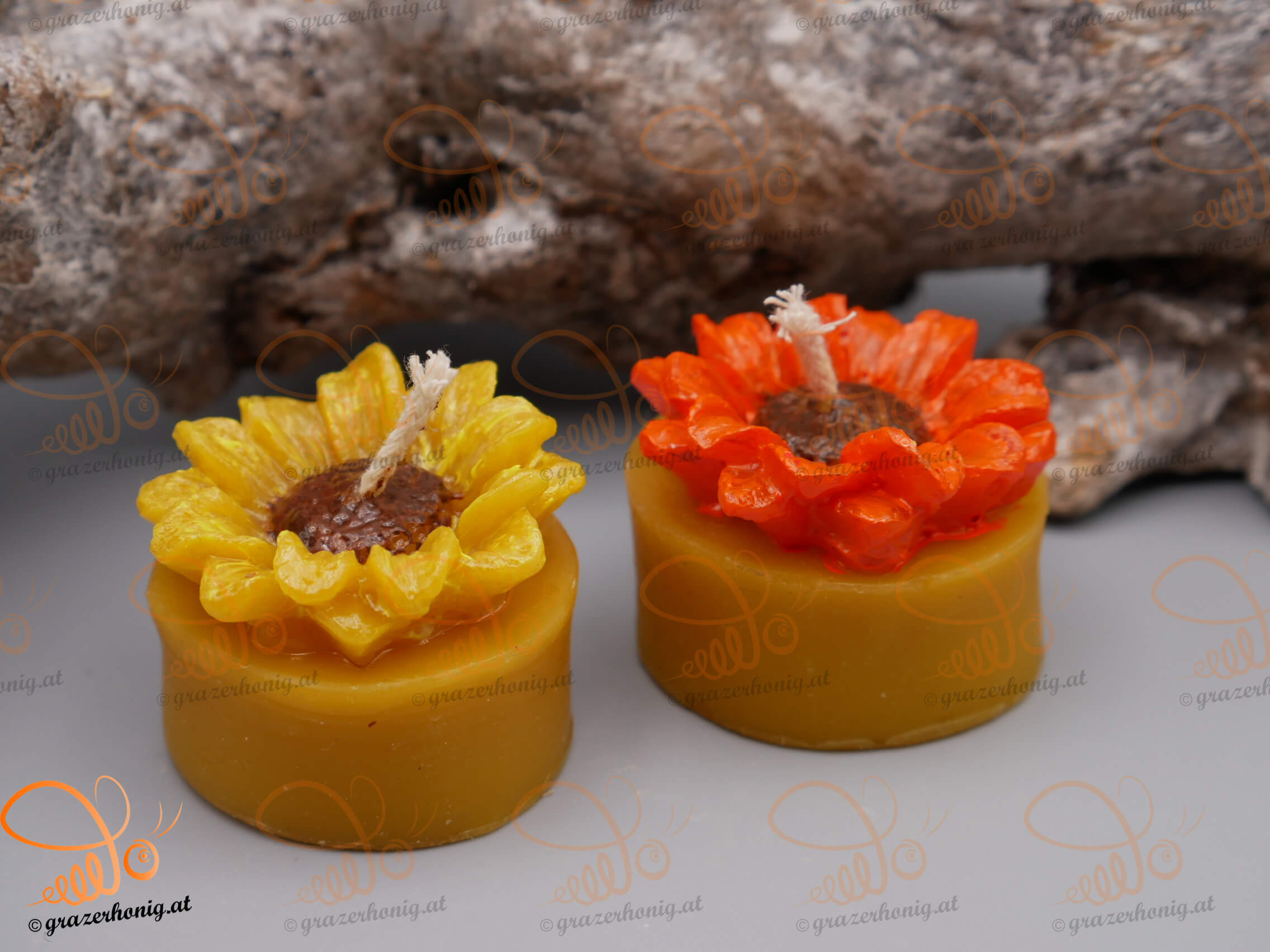 Bienenwachs-Teelicht „Sonnenblume“ Teelichtkerze mit Sonnenblume