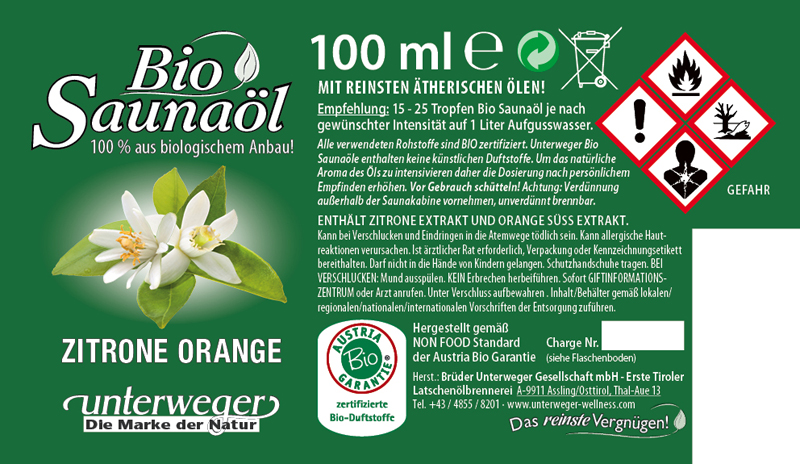 Bio-Saunaöl Zitrone-Orange | 100 ml Zitrone-Orange BIO Saunaöl 100ml