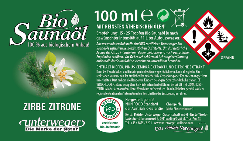 Bio-Saunaöl Zirbe-Zitrone | 100 ml Zirbe-Zitrone BIO Saunaöl 100ml