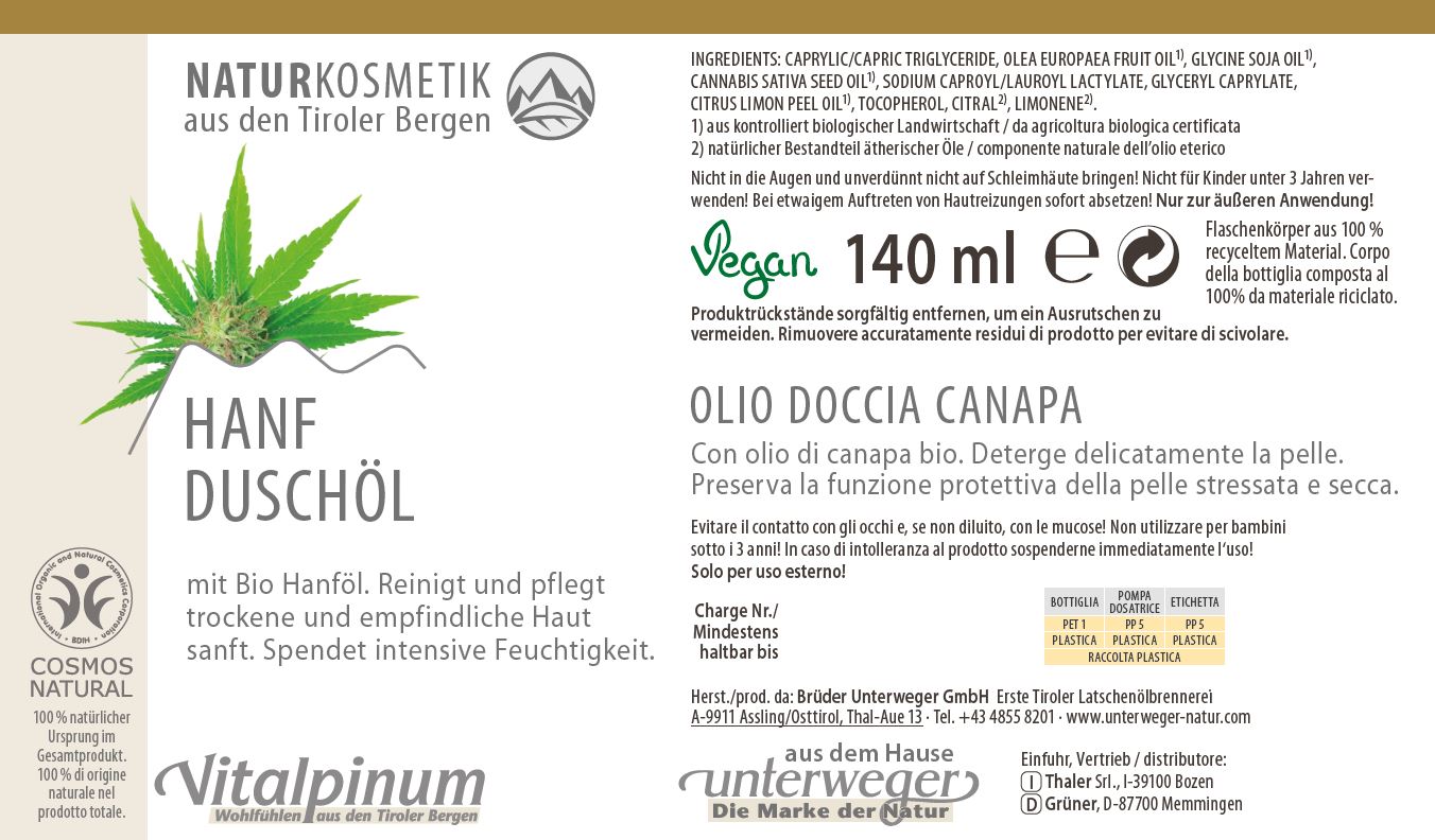 Hanf Duschöl | 140 ml Naturkosmetik Hanf Duschöl 140 ml Vegan