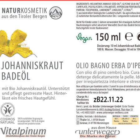 Johanniskraut Badeöl 150 ml Vegan Naturkosmetik